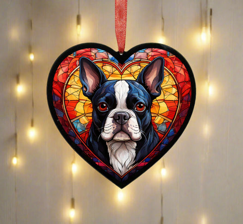 Boston Terrier Stained Glass Effect Heart Suncatcher